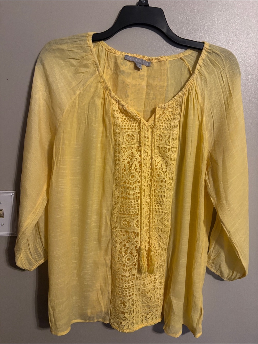 Valerie Stevens Yellow Crochet-Front Peasant Blouse